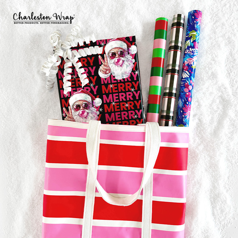Charleston Wrap holiday wrapping paper, a MERRY gift box, and a red-striped tote bag