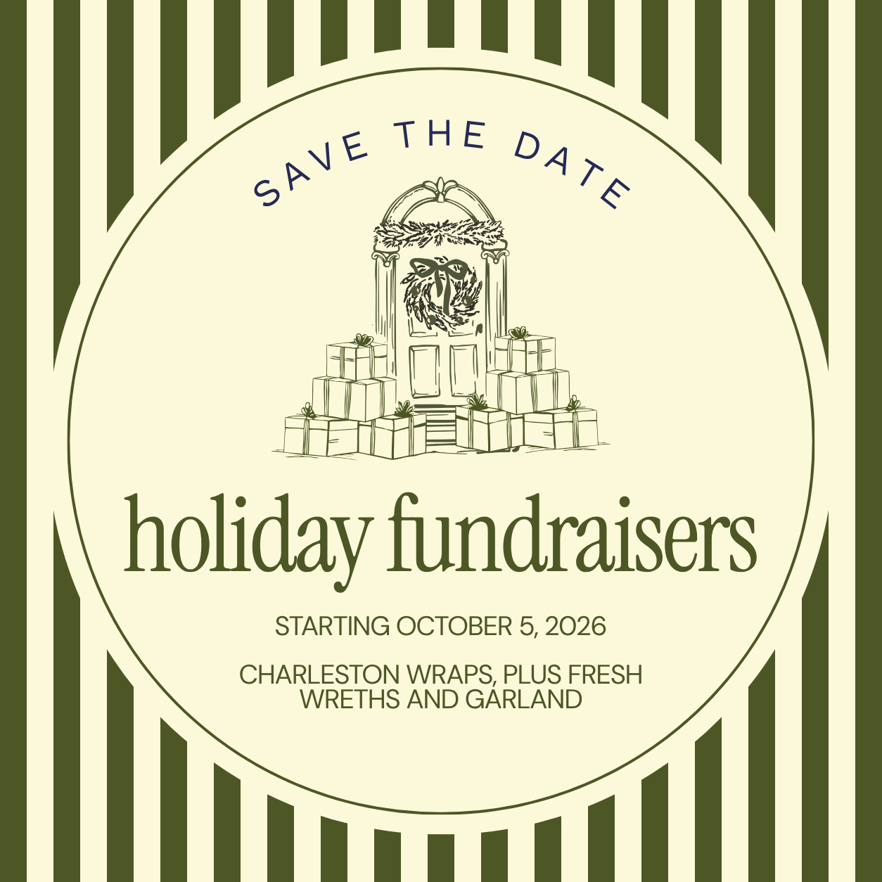 Save the Date: Holiday Fundraisers starting October 5, 2026 — Charleston Wraps, plus fresh wreaths and garland supporting Mount Pleasant Academy PTA
