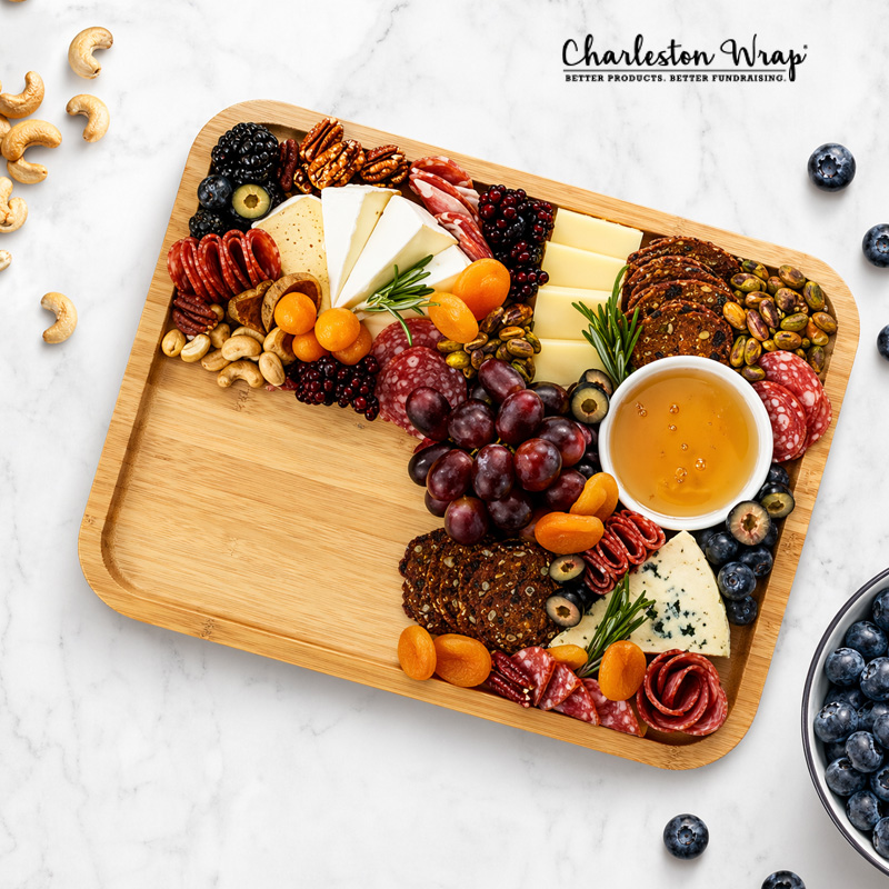 A charcuterie board wrapped as a gift with the Charleston Wrap logo